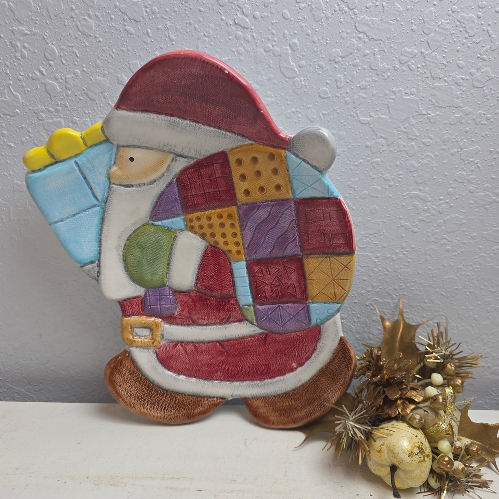 Vintage SAPOTA Santa Claus‎ Quilted Ceramic Patchwork Christmas Holiday Plate